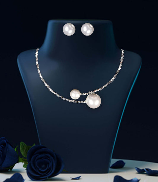 Stunning Silver Color Pearl Choker Necklace Set