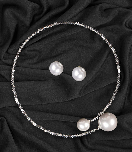 Stunning Silver Color Pearl Choker Necklace Set