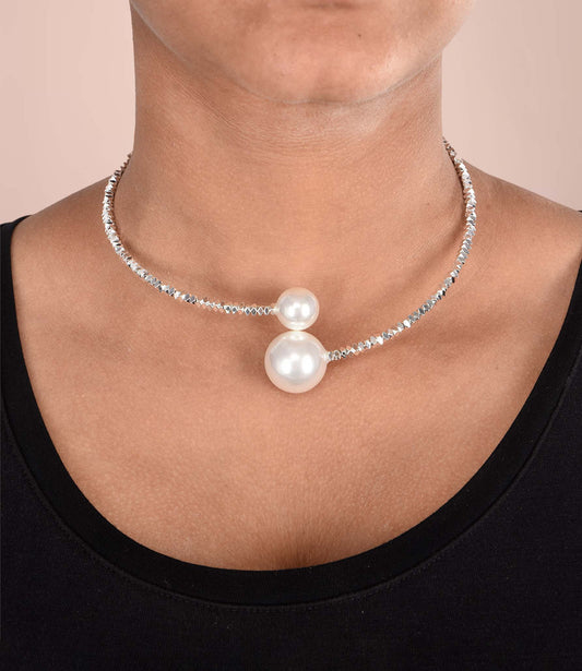 Stunning Silver Color Pearl Choker Necklace Set