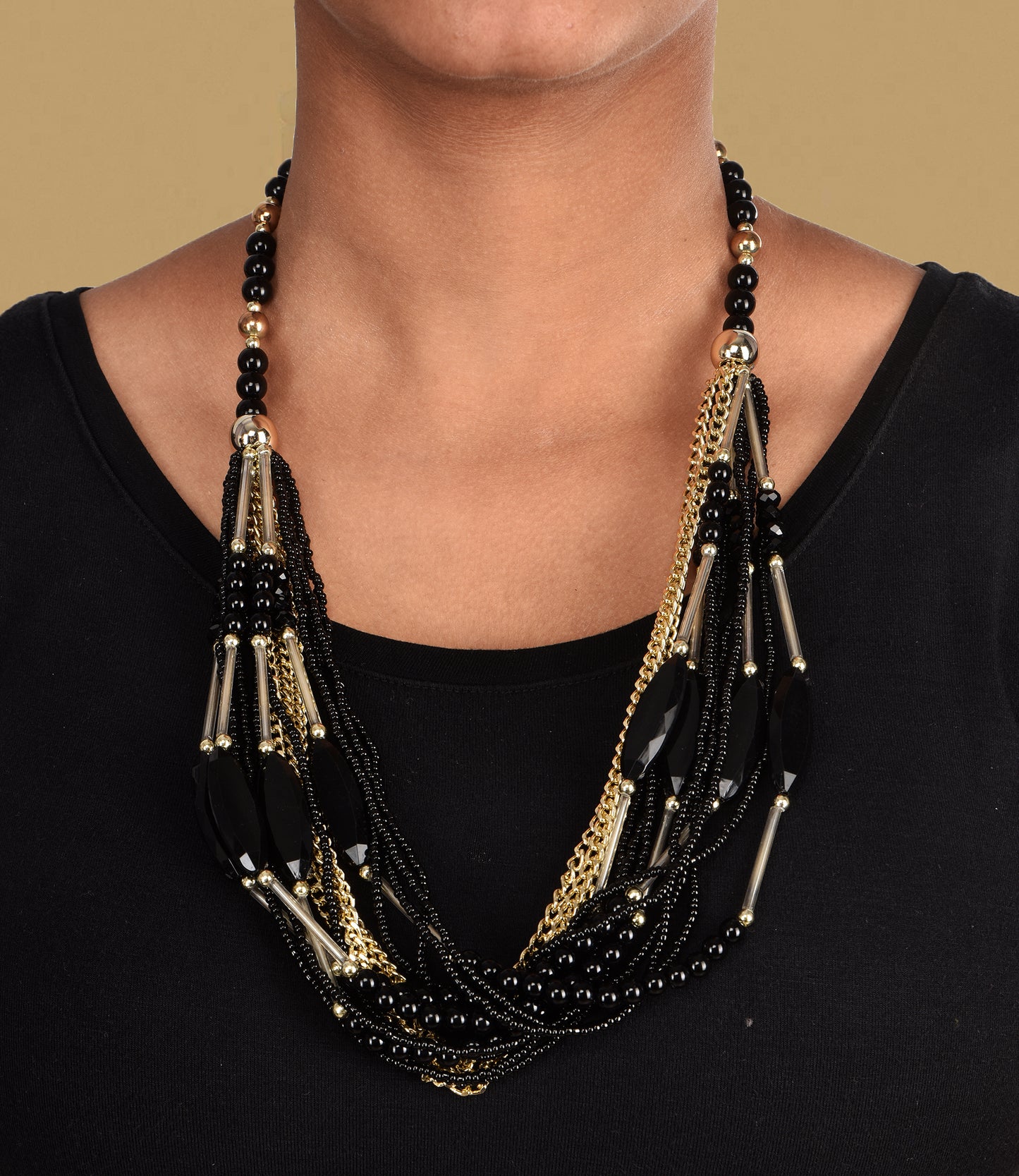 Black and Golden Multi-layered Beads Jewellery Set