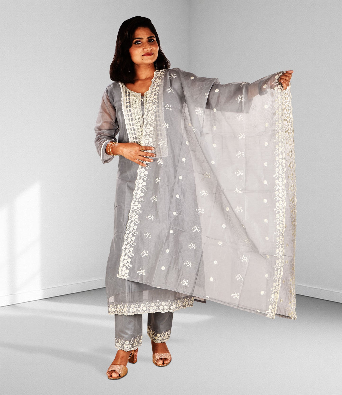 Grey and White Embroidery Kurta with Trousers and Dupatta