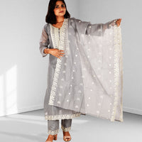 Grey and White Embroidery Kurta with Trousers and Dupatta