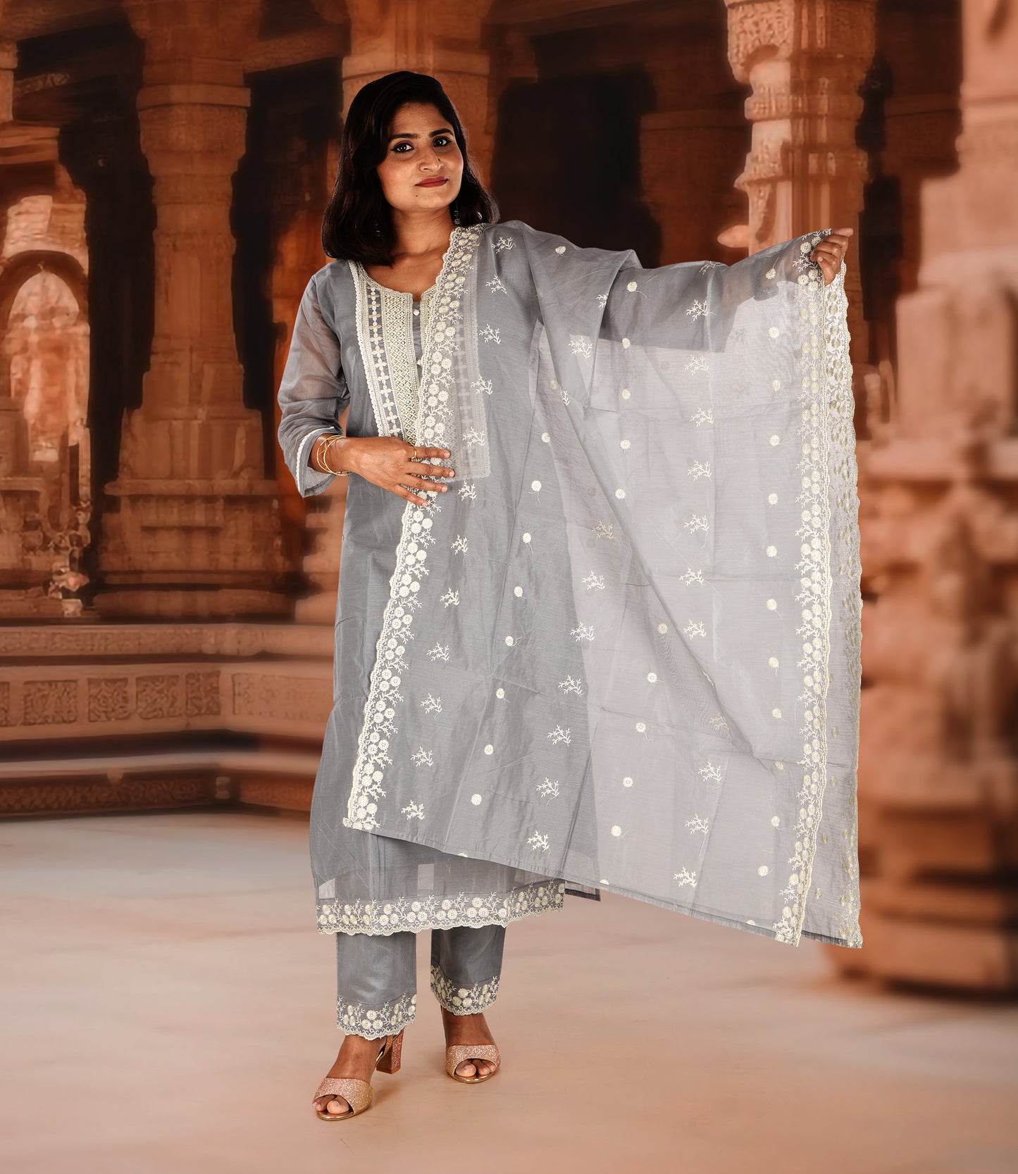 Grey and White Embroidery Kurta with Trousers and Dupatta