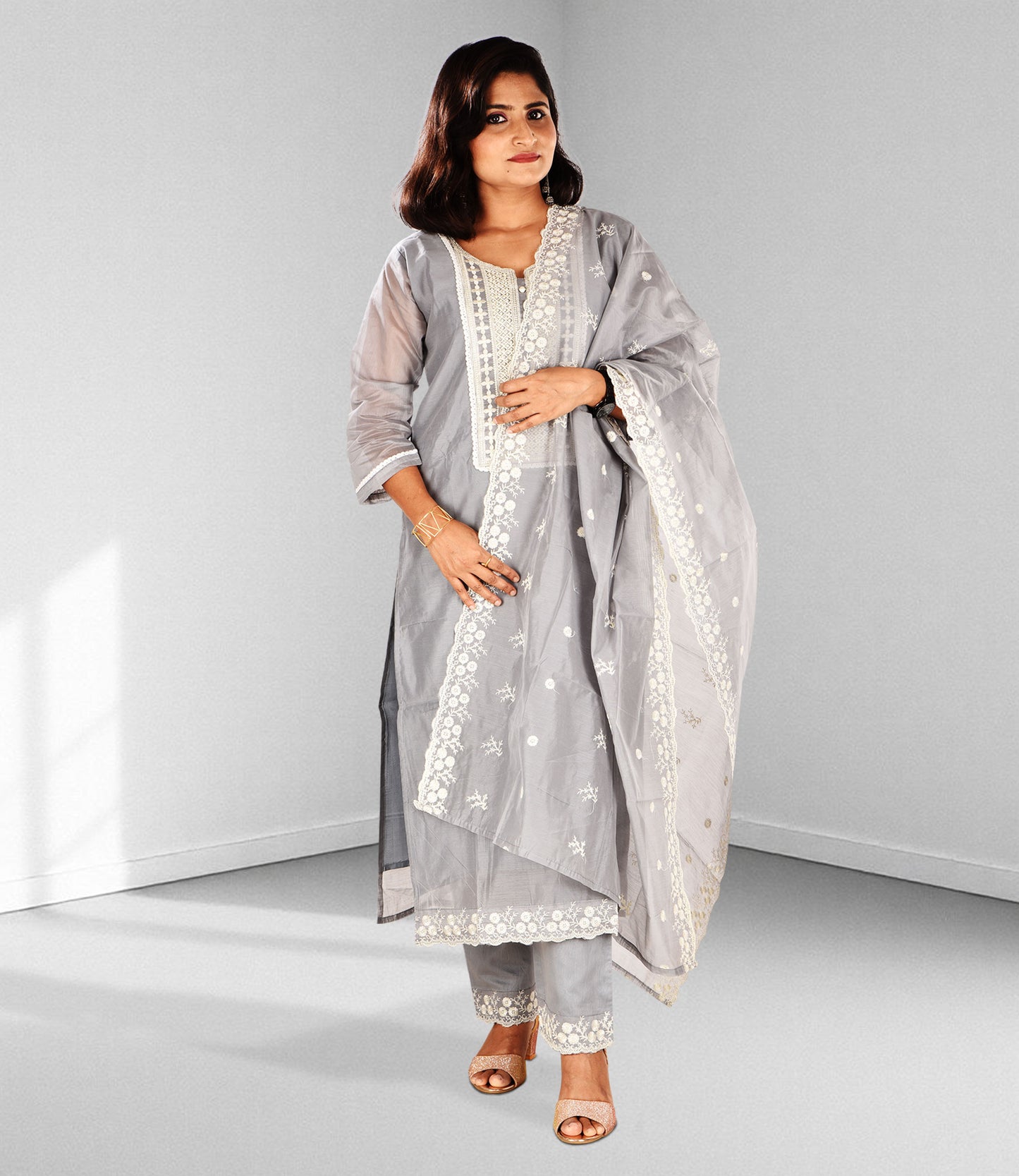 Grey and White Embroidery Kurta with Trousers and Dupatta