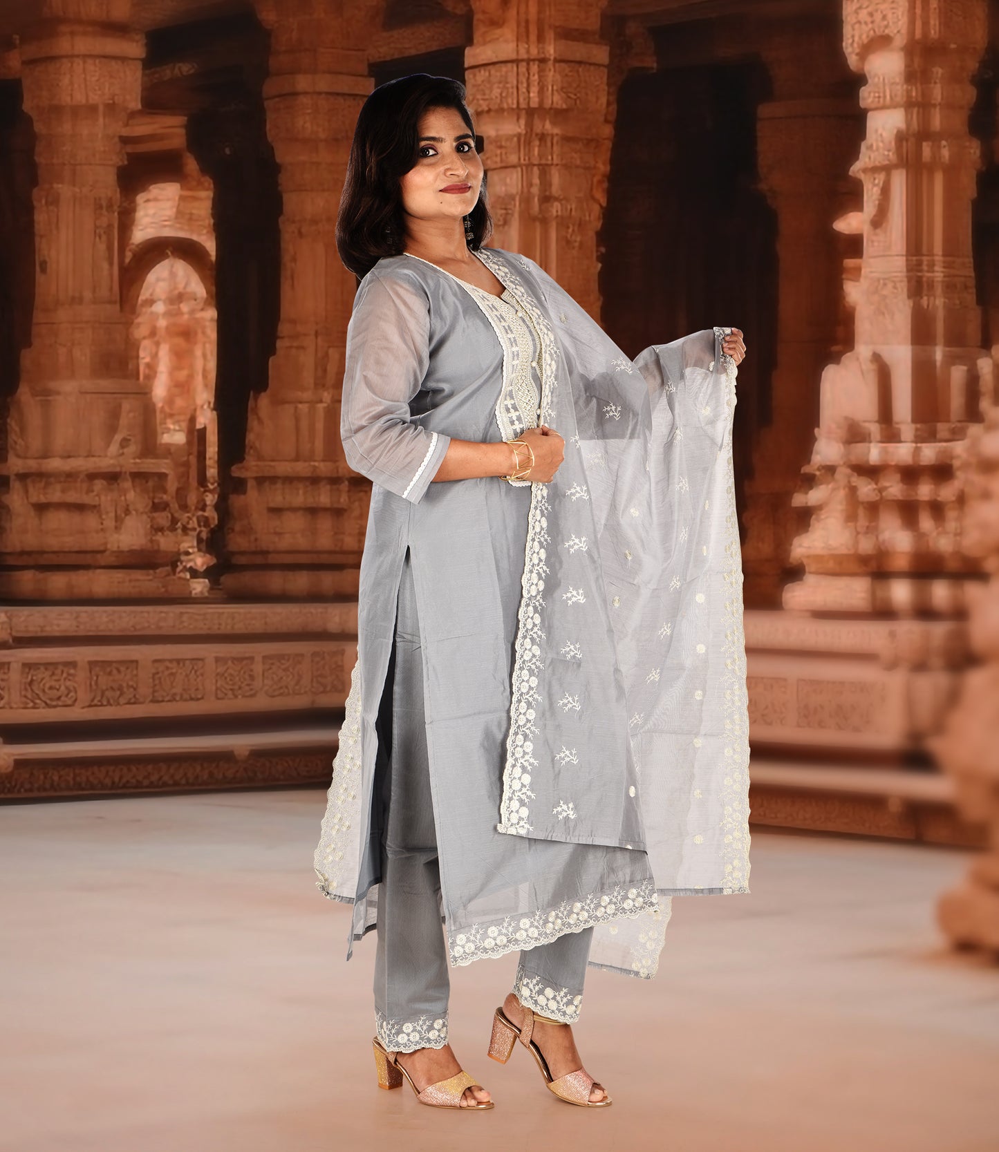 Grey and White Embroidery Kurta with Trousers and Dupatta