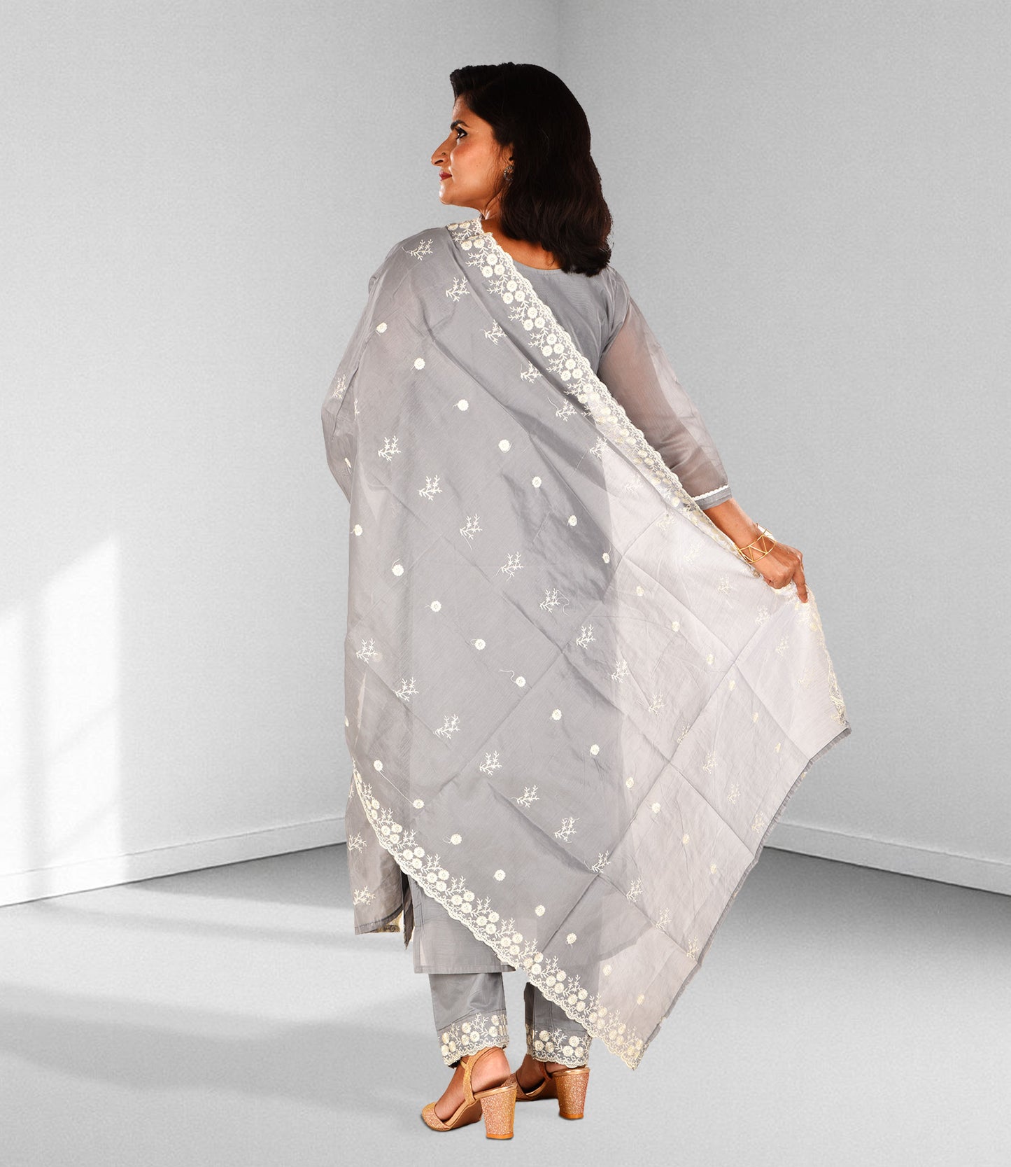 Grey and White Embroidery Kurta with Trousers and Dupatta