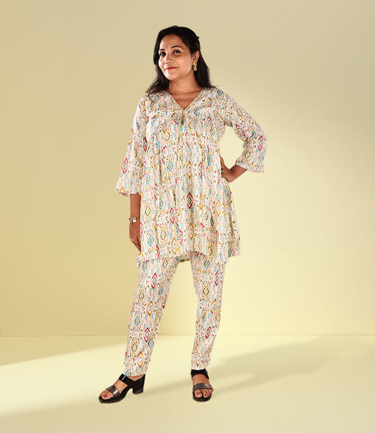 White Base Multicoloured Viscose Rayon Self Print Co-ord Set