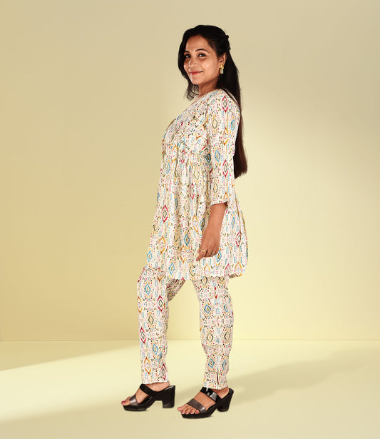 White Base Multicoloured Viscose Rayon Self Print Co-ord Set