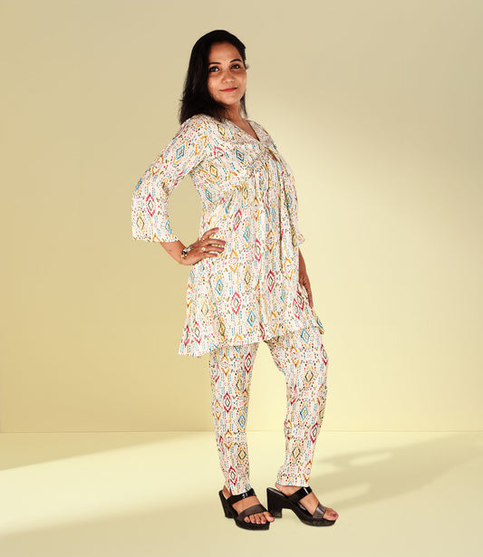 White Base Multicoloured Viscose Rayon Self Print Co-ord Set