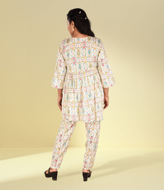 White Base Multicoloured Viscose Rayon Self Print Co-ord Set