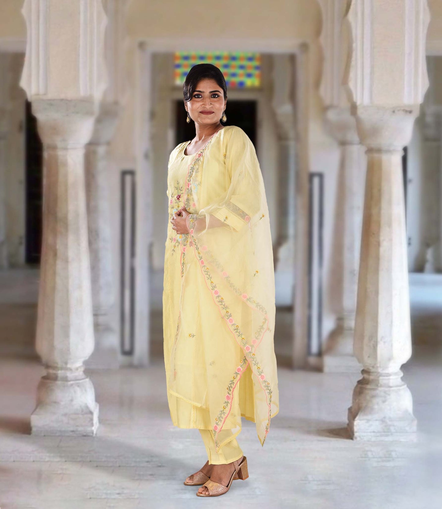 Yellow Embroidered Kurta with Trousers and Dupatta