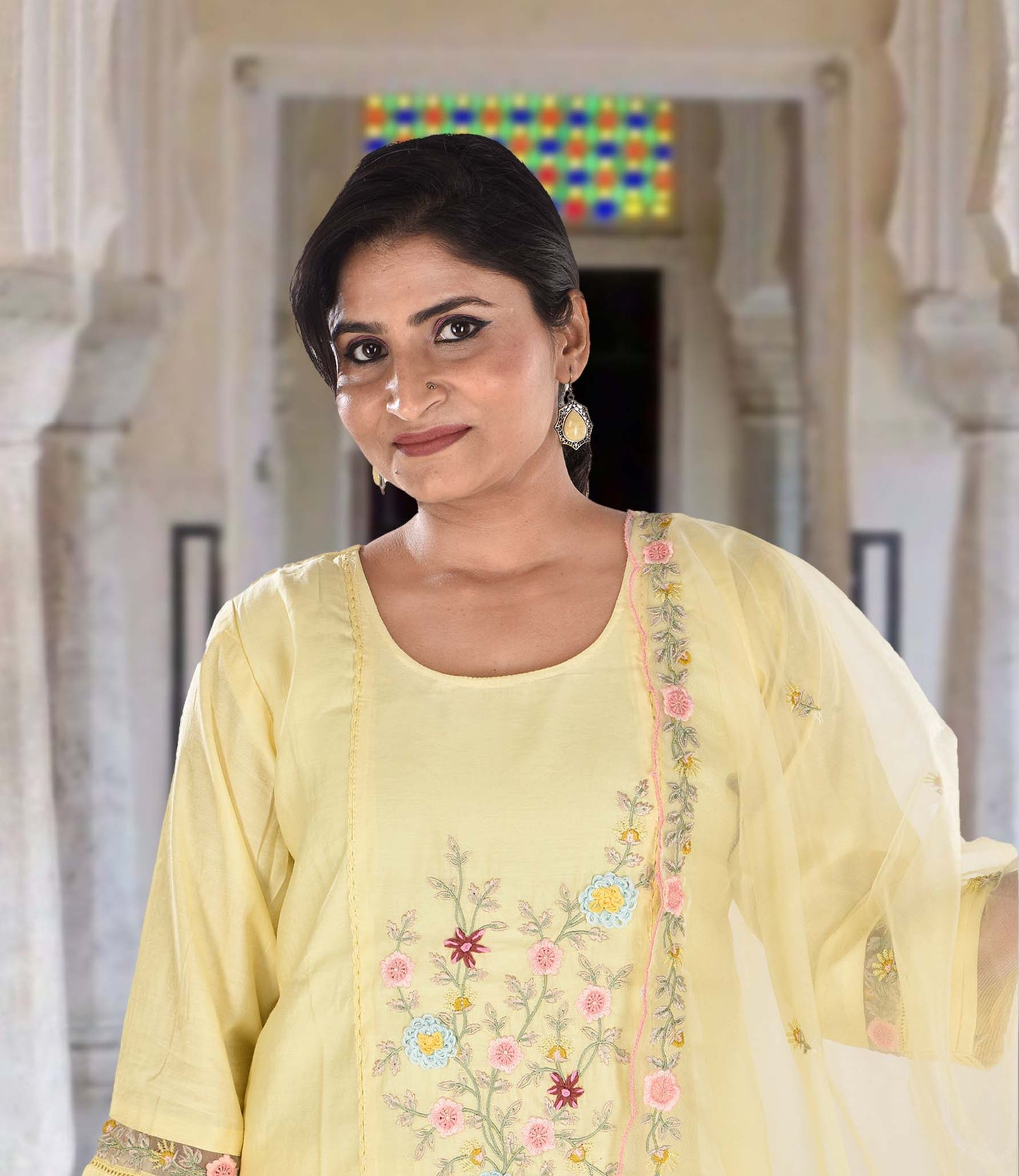 Yellow Embroidered Kurta with Trousers and Dupatta