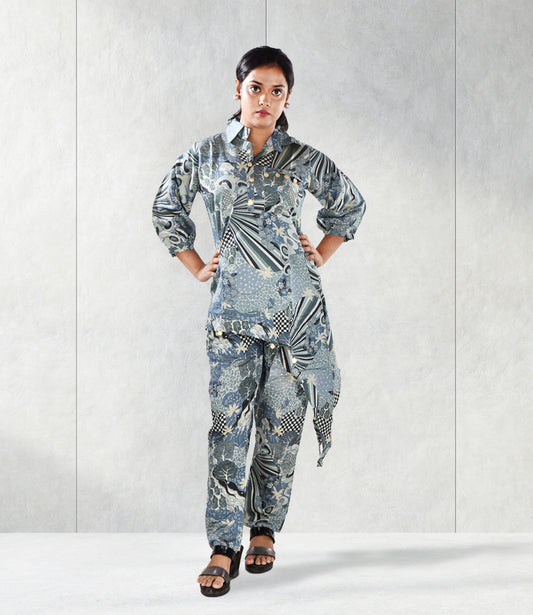 Blue Viscose Rayon Self Print Co-ord Set