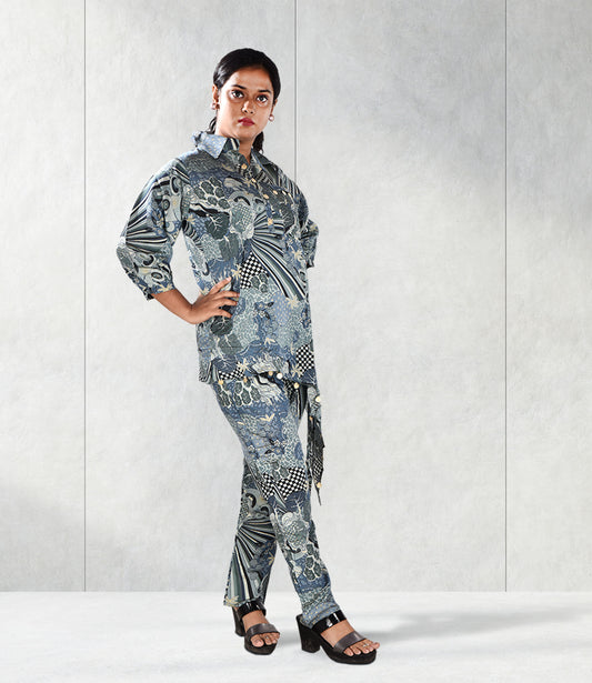 Blue Viscose Rayon Self Print Co-ord Set