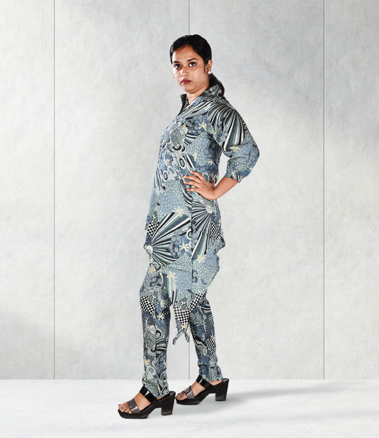 Blue Viscose Rayon Self Print Co-ord Set