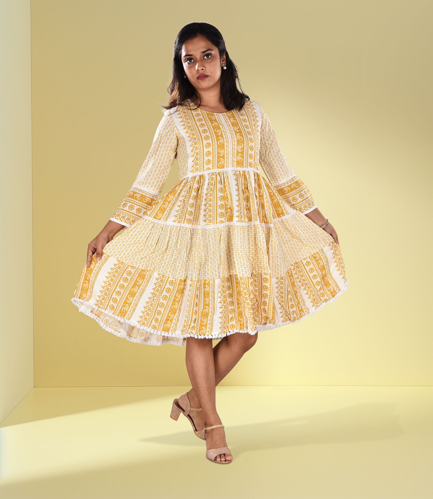 Yellow Self Print Lace Work Flared Knee Length Midi Dress