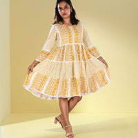 Yellow Self Print Lace Work Flared Knee Length Midi Dress