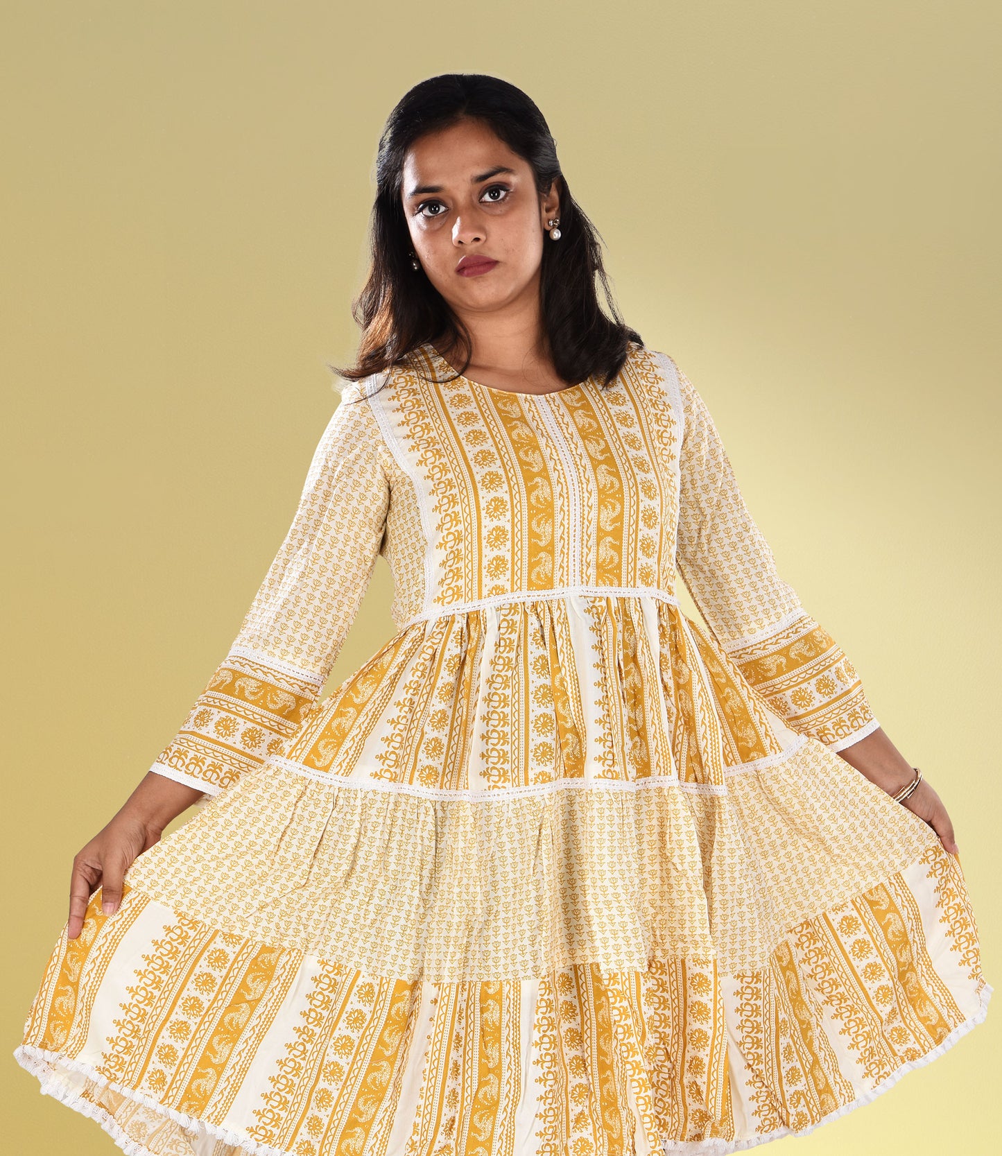 Yellow Self Print Lace Work Flared Knee Length Midi Dress