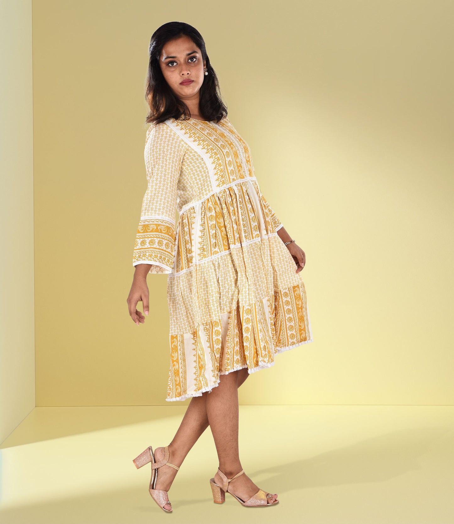 Yellow Self Print Lace Work Flared Knee Length Midi Dress