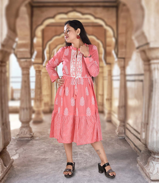 Peach Mirror Embroidery Flared Knee Length Ethnic Dress