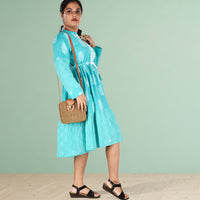 Green Mirror Embroidery Flared Knee Length Ethnic Dress