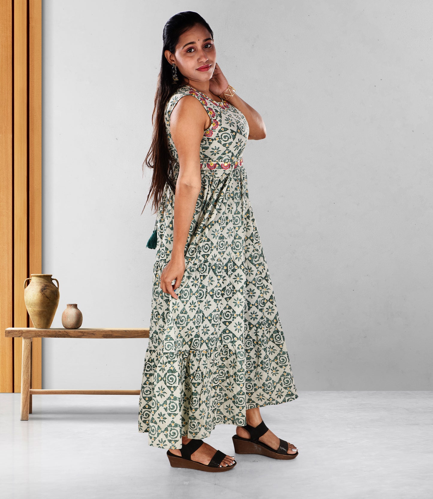 Green Mirror Embroidery Flared Ethnic Dress