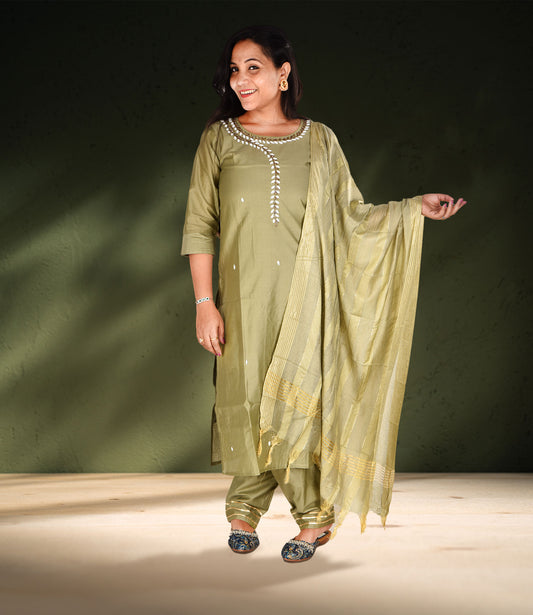 Green Beads Sequence Work Kurta, Pants with Dupatta Set