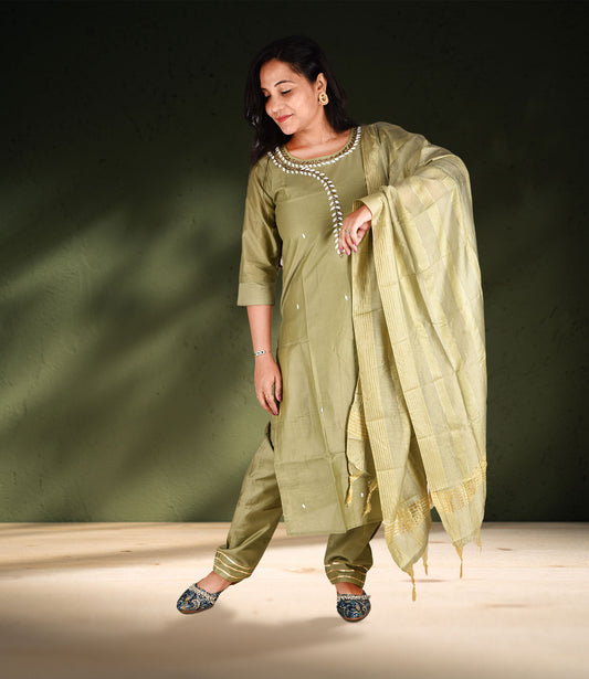 Green Beads Sequence Work Kurta, Pants with Dupatta Set