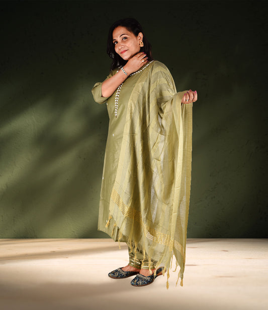 Green Beads Sequence Work Kurta, Pants with Dupatta Set