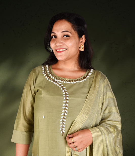 Green Beads Sequence Work Kurta, Pants with Dupatta Set