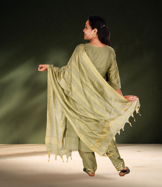 Green Beads Sequence Work Kurta, Pants with Dupatta Set