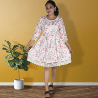 White Base Multi Colored Lace Flared Knee Length Ethnic Dress