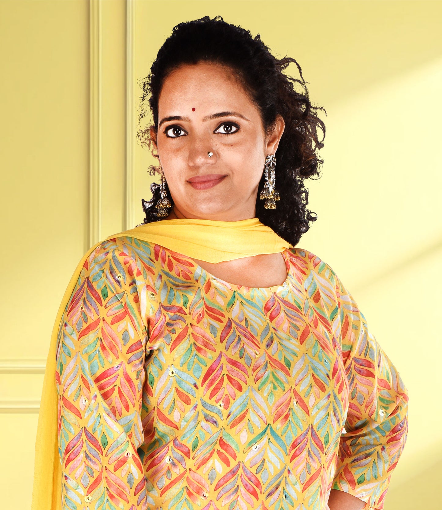 Yellow Based Multi Color Leaf Print Muslin Kurta Set