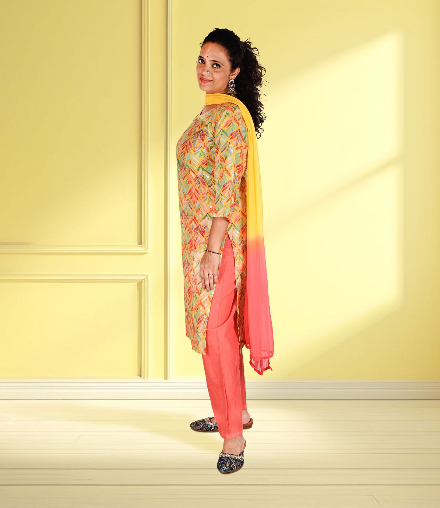 Yellow Based Multi Color Leaf Print Muslin Kurta Set