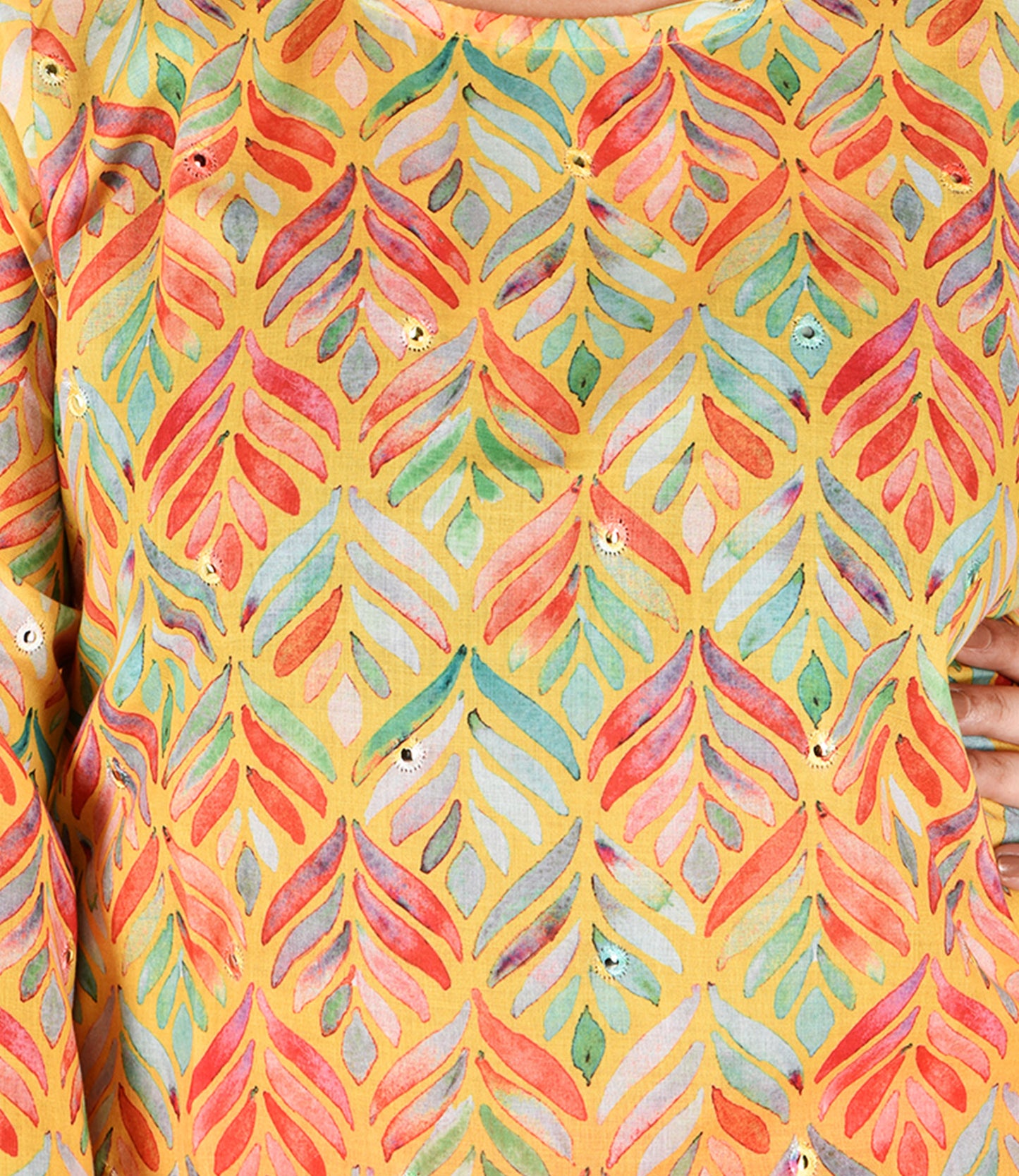 Yellow Based Multi Color Leaf Print Muslin Kurta Set