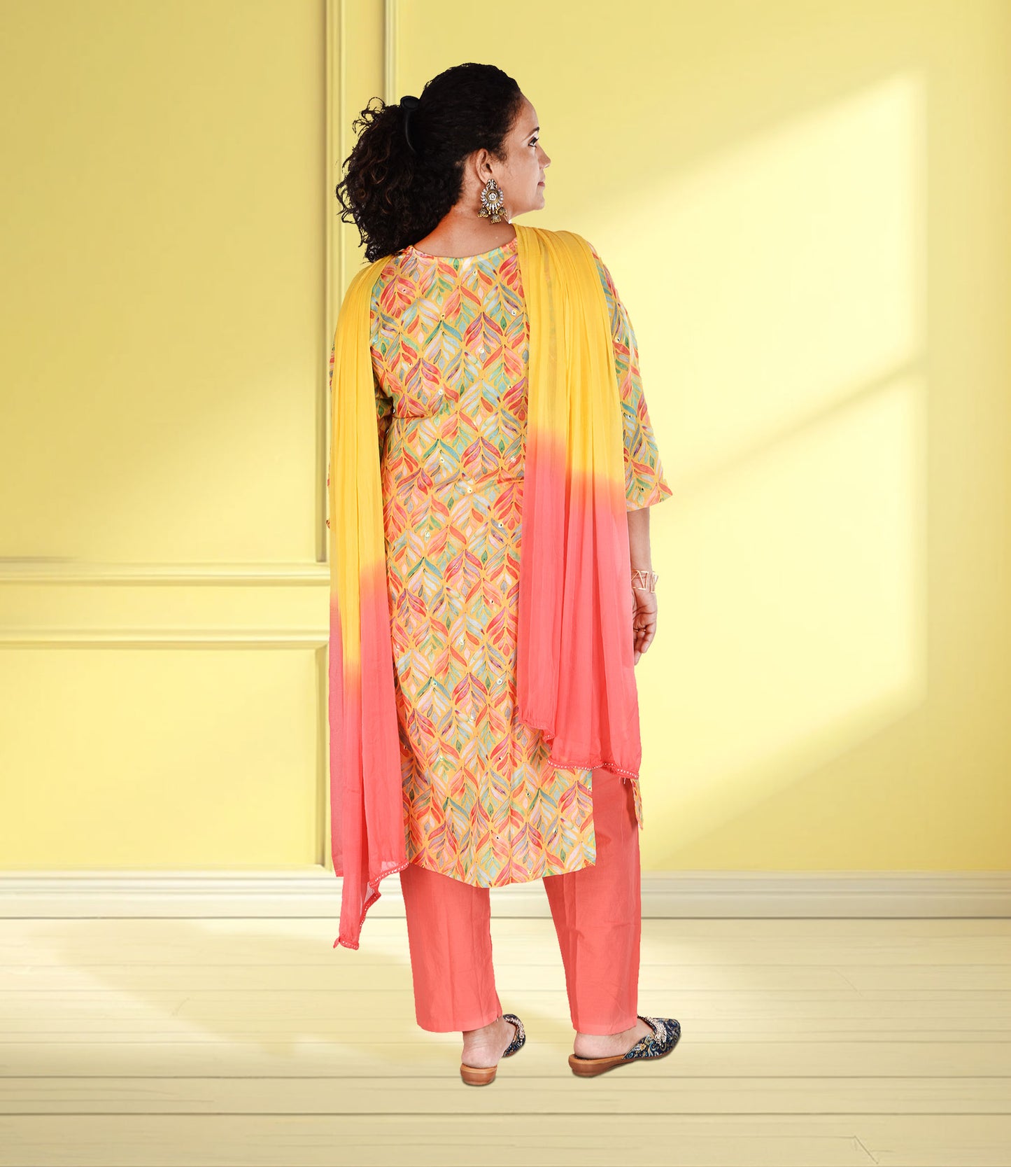 Yellow Based Multi Color Leaf Print Muslin Kurta Set