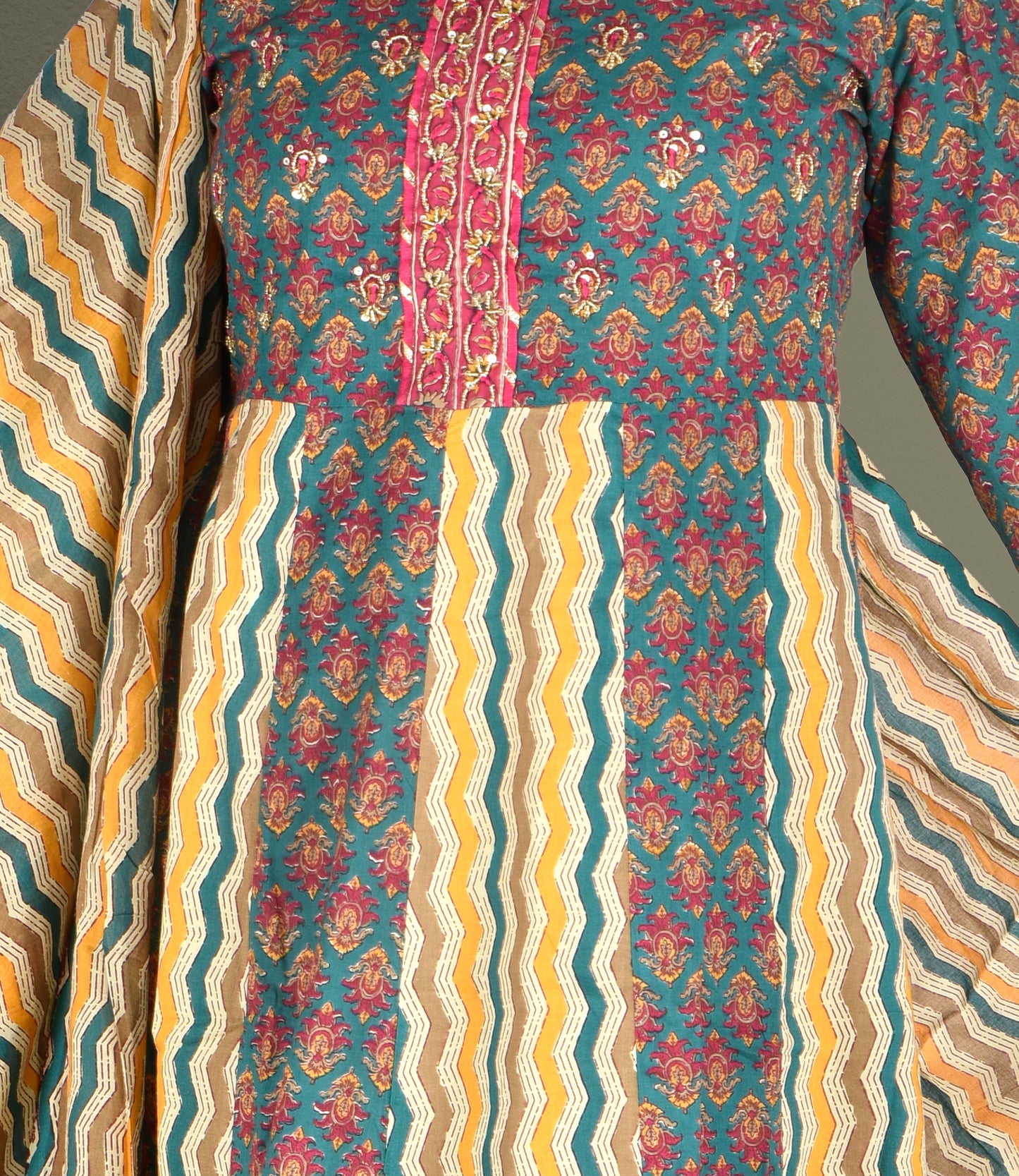 Yellow Multi Colored Print Anarkali Cotton Kurti Pant Set with Dupatta