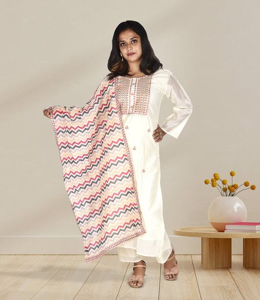 Off-White Embroidery Work Kurta, Trousers, and Dupatta Set