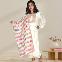 Off-White Embroidery Work Kurta, Trousers, and Dupatta Set