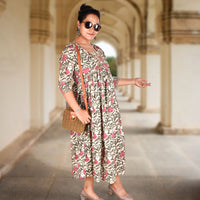 White Base Multi Colored Embroidery Work Flared Long-Length Ethnic Dress