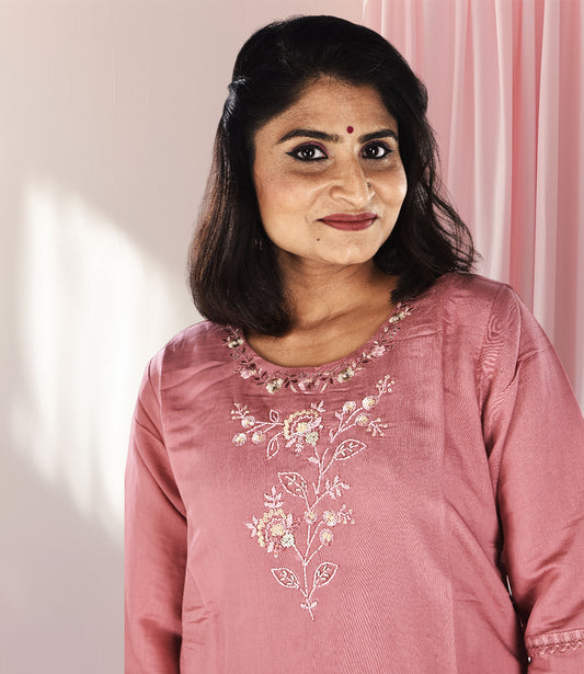 Peach Top and Trousers with Glass Bead Handiwork and Tulip-Cut Trousers