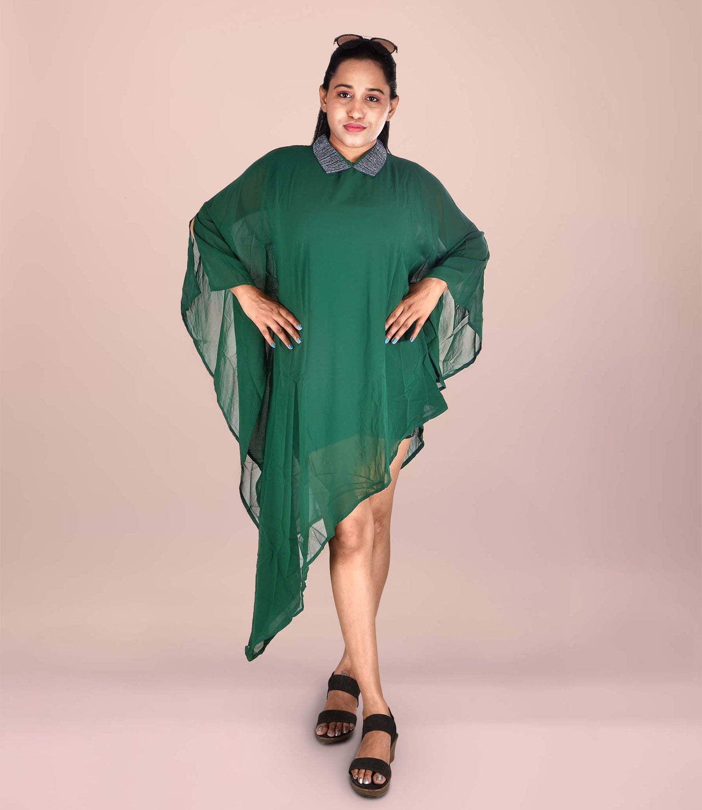 High-Low Pattern Green Chiffon Party Wear Dress