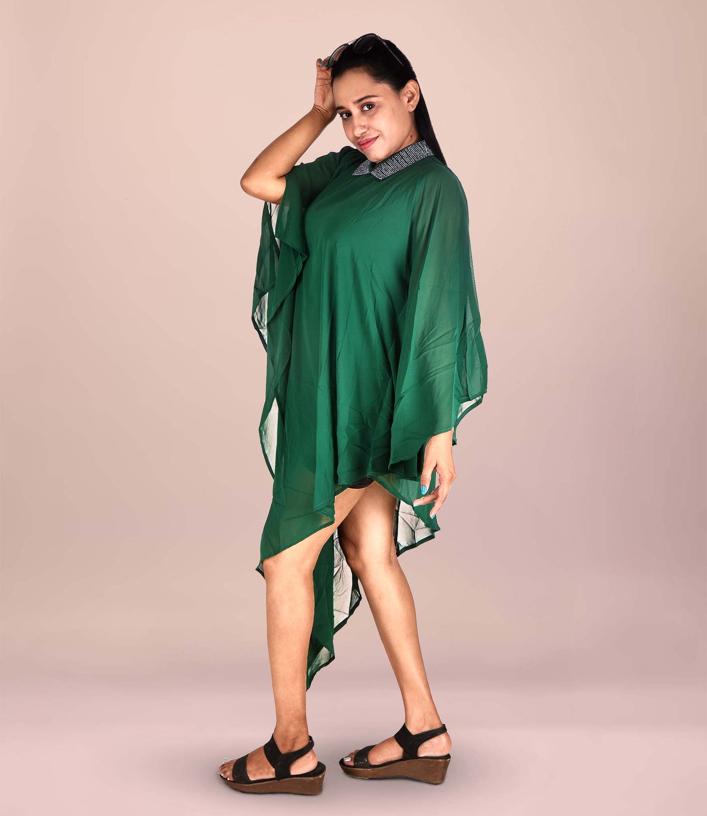 High-Low Pattern Green Chiffon Party Wear Dress