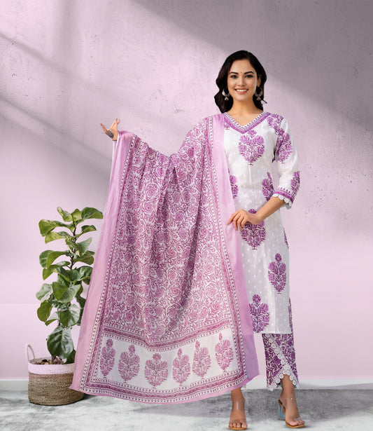 Lavender and White Floral Kurta Set