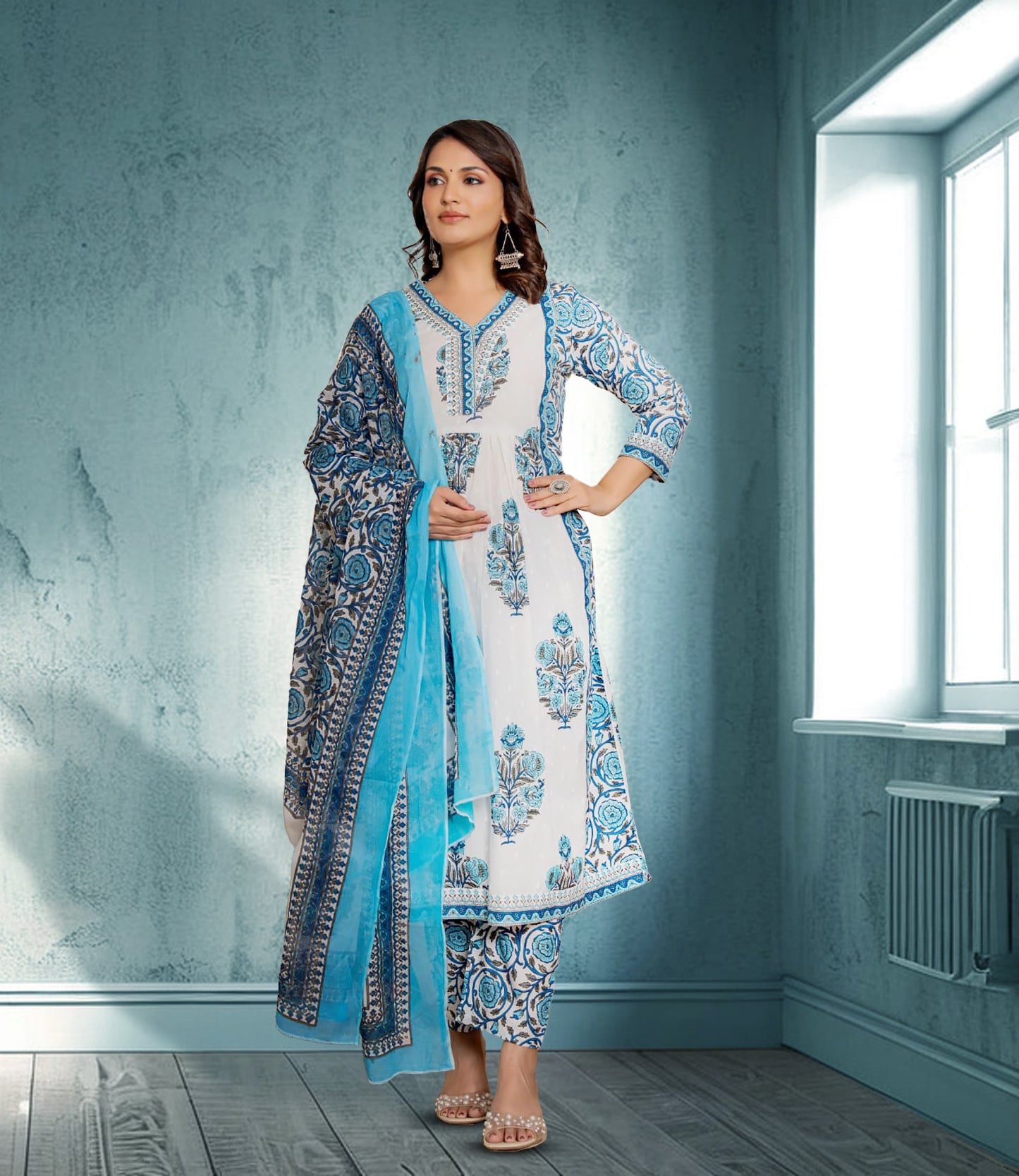 White & Blue Floral Cotton Kurta Set