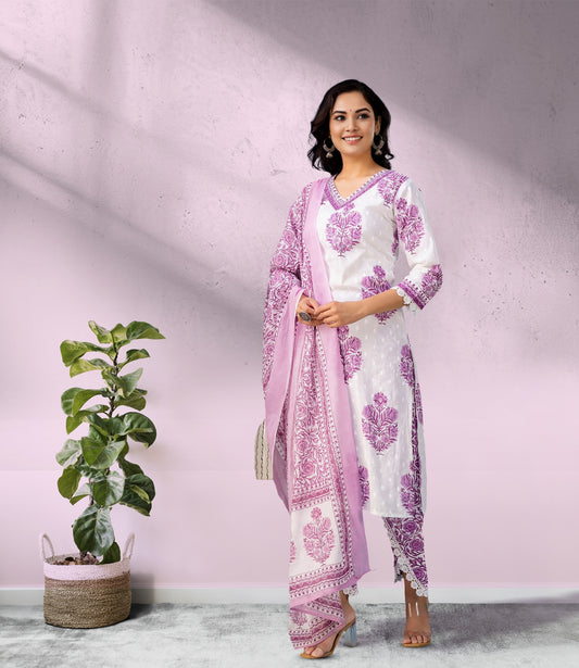 Lavender and White Floral Kurta Set