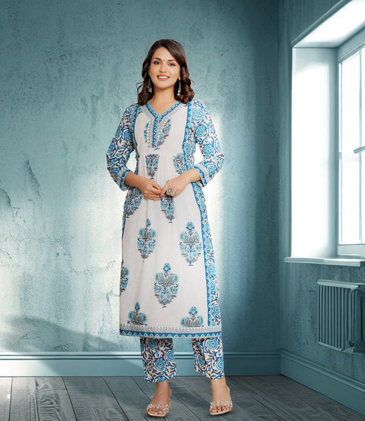 White & Blue Floral Cotton Kurta Set