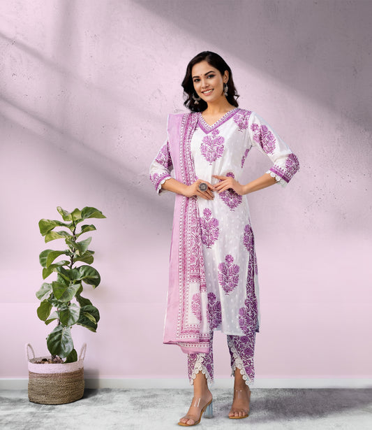 Lavender and White Floral Kurta Set