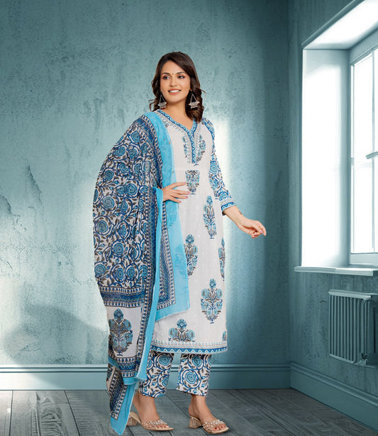 White & Blue Floral Cotton Kurta Set