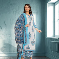 White & Blue Floral Cotton Kurta Set